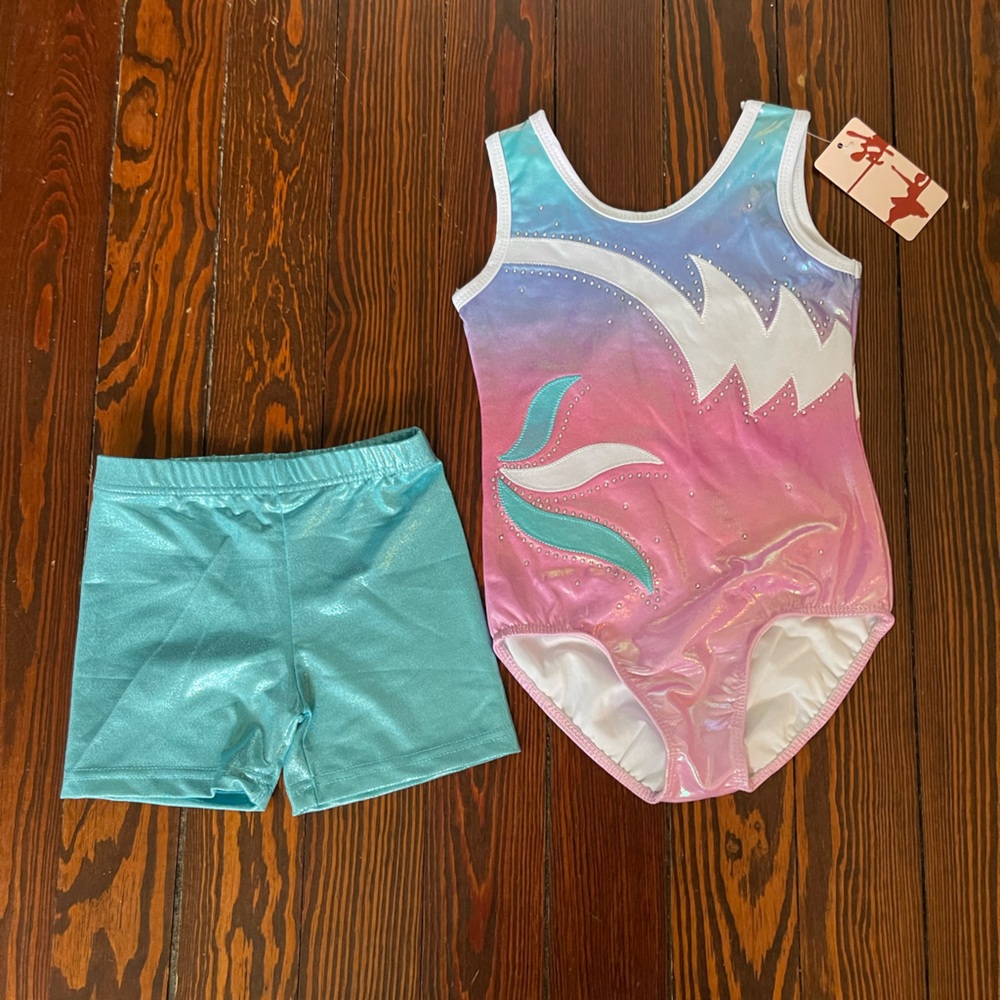 Embroidered gymnastics leotard & shorts set